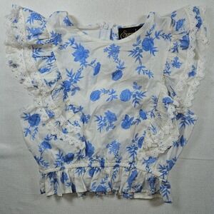 NWT Spoonjeans Floral Ruffle‎ Crop Top Blouse Blue White Women's Small Feminine